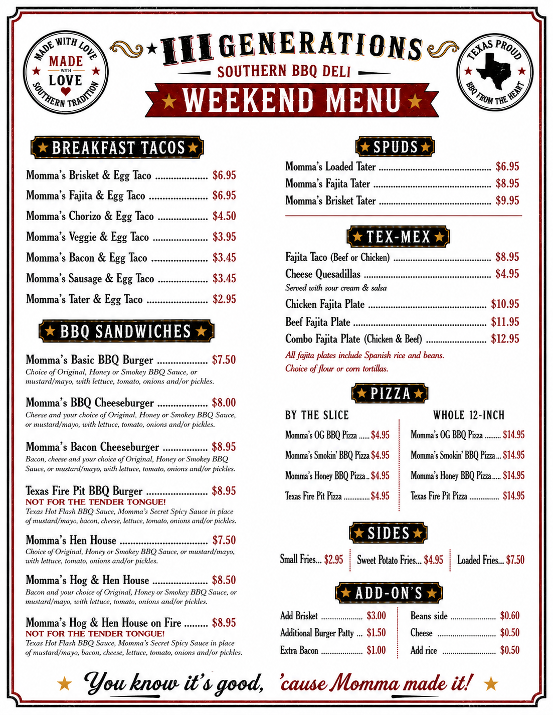 III Generations Southern BBQ Deli weekend menu with prices